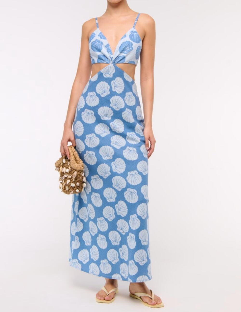 Abercrombie Julia Cutout Tie Back Shell Print Linen Blend Maxi Slip Dress Blue
